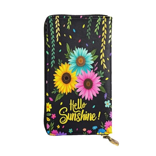 Daisy Floral Hello Sunshine Leather Hand Wallet for Women Long Zipper Clutch Purse for Cash Cards Coin