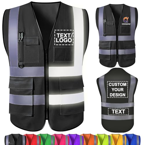 WolunLi Gilet de sécurité personnalisé en vrac avec nom, logo, texte, gilets réfléchissants haute visibilité avec poches, gilet de travail pour homme, employé de la construction Black X-Large