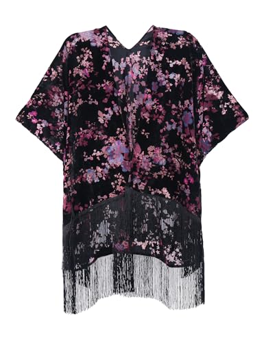 Image of MJ SERECA Women's Burnout Velvet Kimono Cardigan Cover Up with Tassel