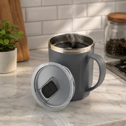 Image of Clazkit Travel Leak Proof Coffee Mug | Stainless Steel Coffee Tumbler | Spill-Proof Lid | Hot & Cold Vacuum Mug for Office, Travel & Car- 400ml - Grey