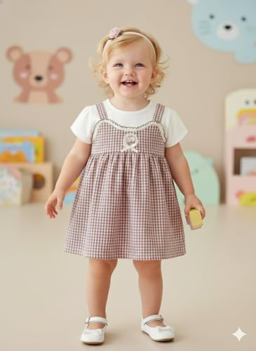 Image of A.T.U.N. (ALL THINGS UBER NICE) Baby Girls Checked Pinafore Style Dress with Inner Tee Short Sleeves | Soft Cotton Fabric | Decorative Front Bow Detail | Stylish Casual for Babies
