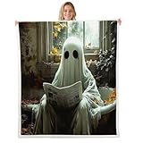 Manta retro de fantasma, decoración vintage de Halloween, manta mullida, manta de forro polar de Halloween, divertida manta de fantasma leyendo un libro, manta de sherpa de estilo académico, 40 x 50