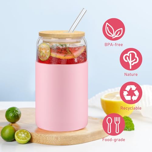 Image of sungwoo Glass Cups with Lids and Straws, 4 Pack 16OZ Iced Coffee Cups with Silicone Sleeve, Glass Tumbler with Straw and Bamboo Lid, Home Essential Drinking Set for Juice, Cocktail and Latte 4 Colours