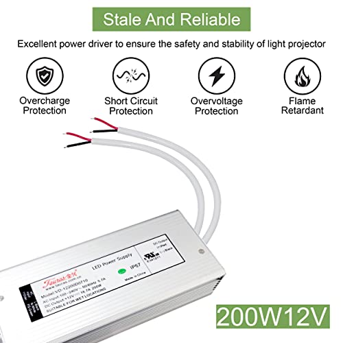 Image of 200W Power Supply Transformer Adapter /LED Driver- Waterproof IP67 100V-240V AC to 12V DC High-Efficiency- UL Listed, for LED Lights, Outdoor Lights with 3 Years Warranty