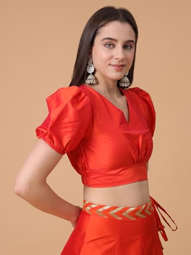 Image of Frolic Rolic Premium Silk V-Neck Blouse Readymade Saree Blouse - Designer Puff Sleeve Blouse for Wedding