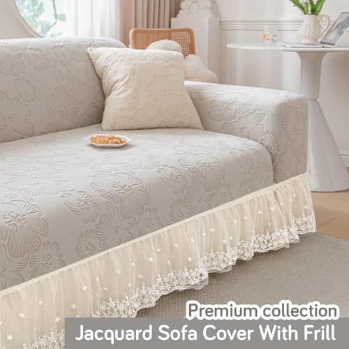 Image of HOKIPO 'Floravelle' 200gsm Knitting Jacquard Elastic 3 Seater Sofa Cover with Frill, Pastel Grey (AR-6031-LGRY)
