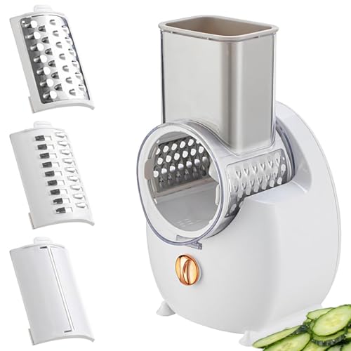 電動野菜スライサー、充電式回転おろし器サラダメーカー、3つの交換可能な刃付き、取り外し可能および洗浄、キッチン、キャンプ、レストラン用電動チーズスライサー/チッパー white