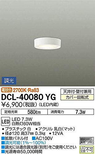 大光電機 DAIKO LED小型シーリング LED内蔵 天井付 壁付兼用 明るさ白熱灯60W相当 電球色 電気工事必要 ホワイト