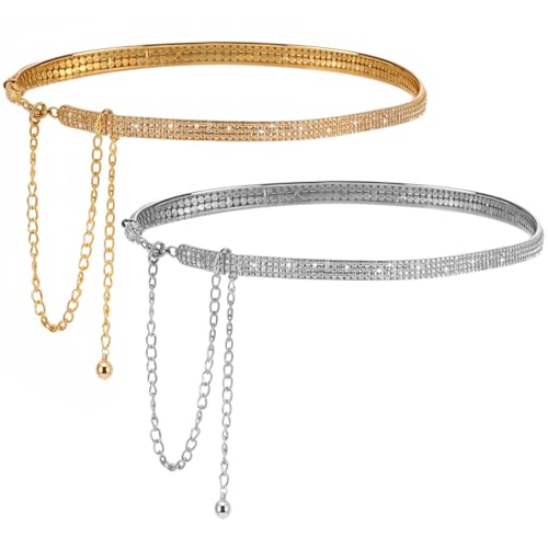 2pcs Sparkly Belts for Women, 125.5cm/49.4 In Gold and Silver Rhinestone Belt, Rhinestone Belt for Formal Dress Wedding Bridal, Gold & Silver