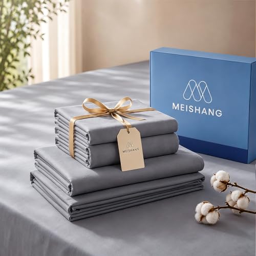 Image of MEISHANG 1000 Thread Count Cotton Sheets Queen Size - 100% Egyptian Cotton, Sateen Weave, Ultra Soft & Breathable Sateen, 16 inch Deep Pockets - 4 Piece (Queen, Grey)