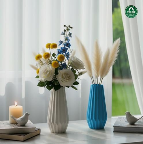 Image of TrustBasket Serene Flower Vase Blue & White Set of 2, Modern Decorative Table Accent for Living Room, Bedroom & Dining Table, Durable Plastic Floral Display for Home & Office Decor