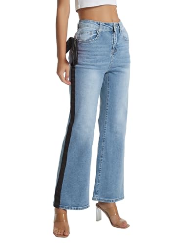 Kedera Womens Side Stripe Wide Leg Jeans Bow Ribbon Flared Denim