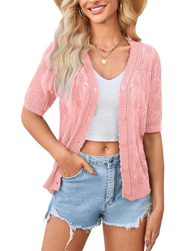 Image of Yekaty Womens 2026 Short Sleeve Crochet Summer Cardigan Cropped Button Sweater Lightweight Shrug for Dress