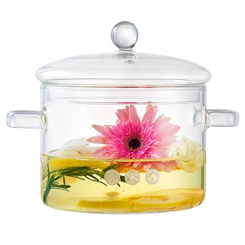 64oz/1900ml Clear Glass Simmer Pot for Cooking on Stove with Lid, Glass Saucepan Cookware Set for Pasta Noodle, Soup, Milk, Baby Food,Potpourri Pot
