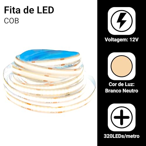 Fita Cob Super Led 5 M 320led/m 12v Ip20 Alto Brilho + Fonte (Branco Neutro)