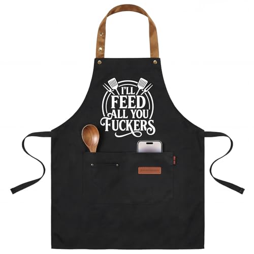 INNORU I'll Feed All You Fuckers Sign Apron with Pockets, Funny Cooking Baking Barbecue Apron Adjustable, Oilproof Ideal Kitchen Supplies