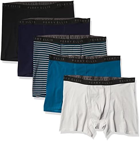Perry Ellis mens Perry Ellis Men's Cotton Stretch Boxer Briefs, Tagless, No Roll Waistband, 5 Pack Base Layer Underwear, Maritime Blue/High Rise/Deep Lagoon/Maritime Rise/Black, Large US