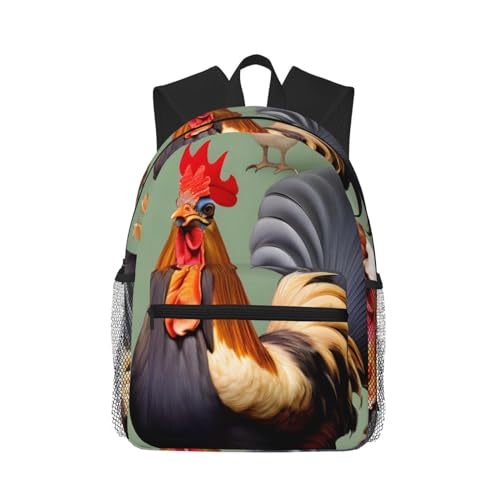 Sac à dos décontracté coq et poulet noir taille unique pour randonnée et camping
