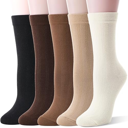 Thin Merino Wool Boot Socks for Women Warm Winter Cozy Comfy Work Socks 5 Pairs Gifts Stocking Stuffers(Khaki/Coffee/Beige/Black,M)
