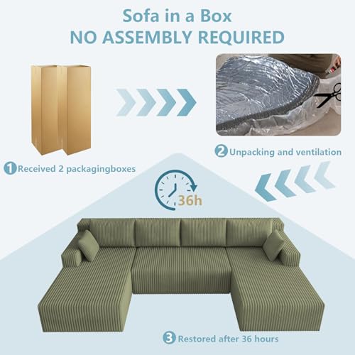 Image of 124 inch Boneless Cloud Couch Sectional Couches Sofa for Living Room | Modular U-Shaped Couch, Comfy Modern Corduroy Memory Foam Sofas with Deep Seat, Ottoman, Oversized Chaise (Green)