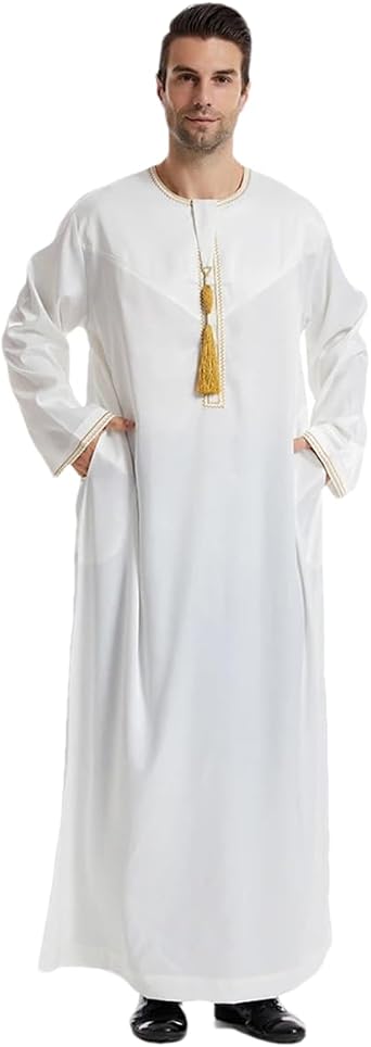 Men Muslim Long Sleeve Daffah Thobe Jubba Saudi Arab Kaftan Islamic Dubai Middle East Robes Abaya