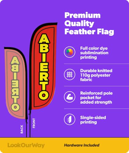 Image of LookOurWay Feather Flag Set - 5ft Tall Advertising Banner Flag with Pole Kit and Ground Spike for Business Promotion - Abierto