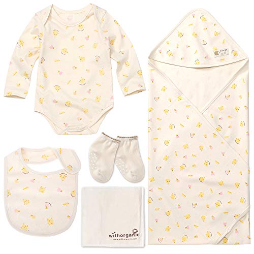 WithOrganic Premium Newborn Layette Gift Set - 5 Pieces | 100% Certified Organic Cotton for Baby Boy or Girl_ Chick