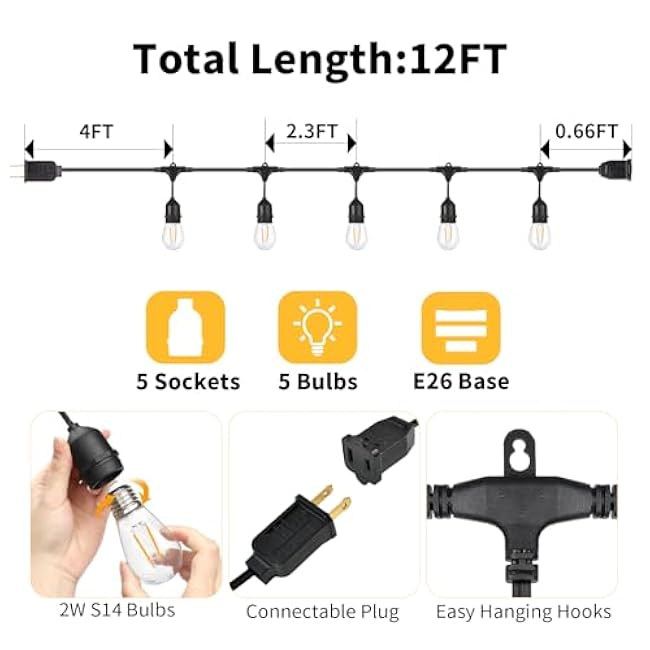 BRIMAX 12FT Outdoor String Lights with 5 LED Bulbs Outdoor Lights Shatterproof Edison Bulb Commercial Grade Waterproof LED Outside Light for Bistro Gazebos Porch Patio Garden