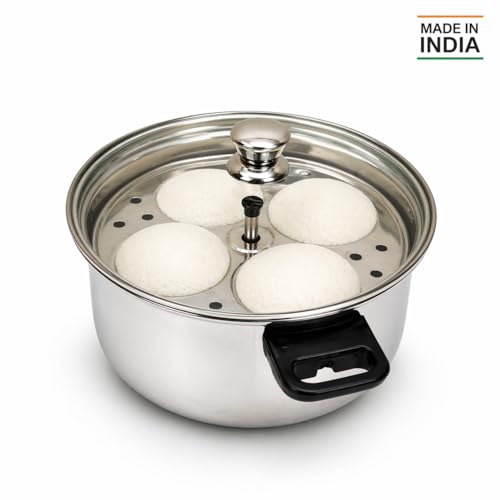 Image of Ankur Gold Stainless Steel Idli Cooker with Glass Lid | 4 Idli Plates (Regular Idli Plates) | Induction Compatible Bottom | Food Grade Stainless Steel Idli Maker | Steamer for Soft Idli