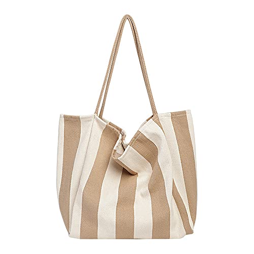 Image of Striped Canvas Tote Handbag for Women Vertical Stripe Large Capacity Shoulder Bag for Shopping Travel