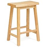 PJ Wood 24 Inch High Easy to Maintain Single A Frame Classic Bar Stool Saddle-Seat with Built in Bars as Footrests, Natural Wood