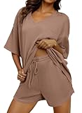 Dokotoo Loungewear Sets Woman Outfits Lounge 2 Piece Sets for Women V Neck Waffle Knit Two Sets Shirts for Women Drawstring Shorts Pants Fashion Trendy Casual Matching Sets Women Clothing
