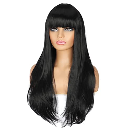 PORSMEER 32 Inch/80cm Long Black Wigs for Women,Layered Straight Synthetic Heat Resistant Hair Wig with Fringe for Ladies Cosplay Party Halloween Costume Anime - Image 2
