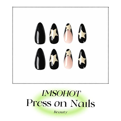 Imsohot Long Almond Press On Nails French Black Fake Nails Stiletto Star False Nails With Designs Y2K Glue On Nails Glossy Full Cover Acrylic Nails For Women 24Pcs #TOP1