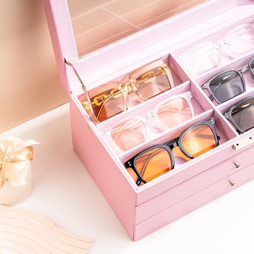 Image of ProCase 3-layer Sunglasses Storage Organizer, 18 Slots Leather Sunglass Box Multiple Pairs Eyeglass Cases Eye Glass Eyewear Display Holder for Men Women -Pink