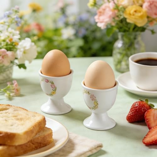 Image of Cinf Ceramic Egg Cup Set, 2 Pack, Floral Boiled Egg Holders for Breakfast
