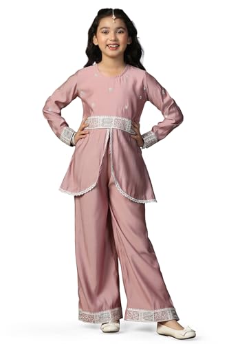Image of Fashion Dream Girls Chanderi Silk Embroidered Top & Palazzo Set|Kids Salwar Suit|Ethnic Wear