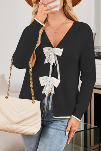 Image of Cakulo Womens Bow Tie Sweater V Neck Cardigan Sweaters Lightweight Fall Fashion Knit Cardigans Winter Clothes 2025 Black S