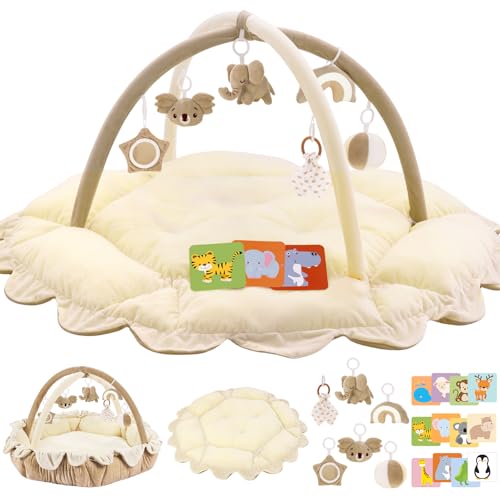Image of 5-in-1 Plush Baby Play Gym, Activity Mat with Convertible Gym, Baby Gym 6 Sensory Toys, Play Center for Newborn to Toddler, Cream