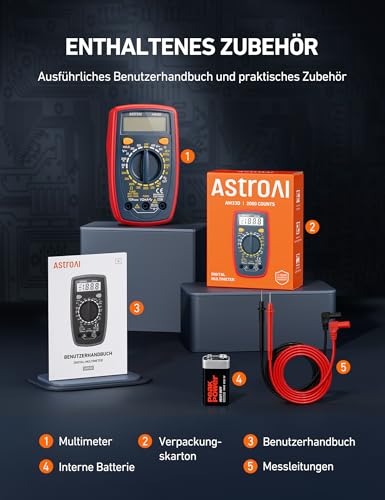 AstroAI Digital Multimeter voltmeter strommessgerät Tester Messung von AC/DC Spannung, DC Strom,...