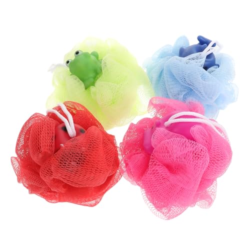 GLEAVI 4 Esponjas de Ducha con Diseño Infantil, Esponja Exfoliante Corporal de Malla Suave, Colores Azul, Rojo, Rosa y Verde, Accesorio de Baño Infantil para Limpieza y Juego