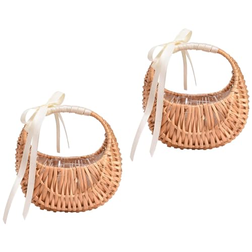 2 Pcs Picnic Basket with Handle,Wicker Rattan Flower Girl Basket, Picnic Basket with Handle, Wedding Gift Basket, Flower Baskets for Wedding for Home Decor Storage Basket(2PCS)