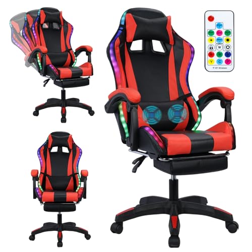 Gaming Chair with Bluetooth Speakers ＆ LED Lights, Ergonomic Mass...