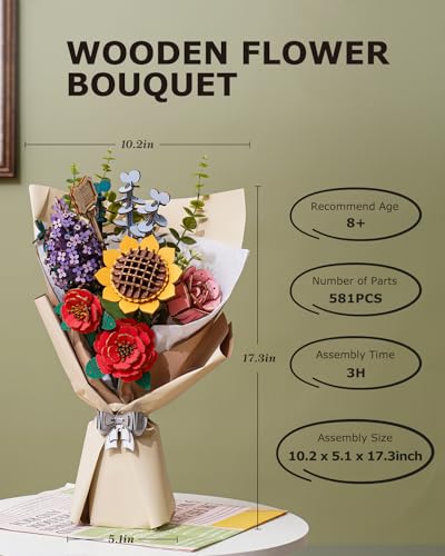 ROBOTIME Forever Flowers Bouquet, Wooden Flower Bouquet Building Kit TW01H, Sunflower/Red Camellia/Pink Rose/Lilac Gift for Mom/Wife - image 7