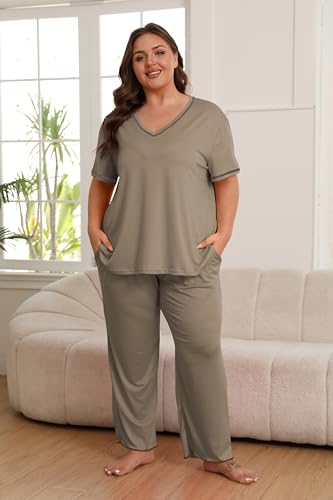 Image of Vozanet Women's Plus Size Pajama Sets Short Sleeve Long Pants Solid Color with Piping Trim Elegant Loungewear Cozy Sleepwear