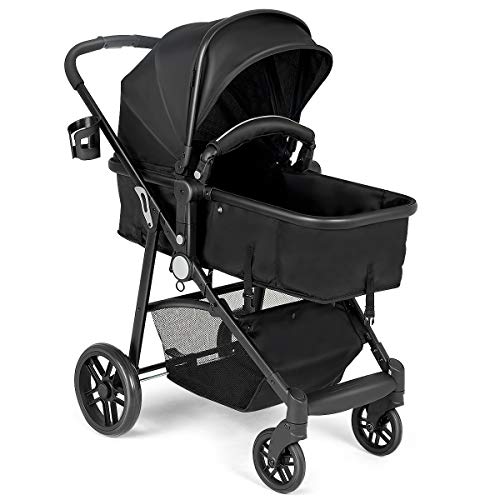BABY JOY Baby Stroller, 2 in 1 Convertible Carriage Bassinet to Stroller, Pushchair with Foot Cover, Cup Holder, Large Storage Space, Wheels Suspension, 5-Point Harness, Black