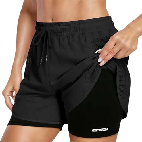 Pantalones Cortos Deportivos 2 En 1 Mujer Verano Pantalones Cortos De Deporte para Mujer con Bolsillo De Verano Mallas Ligero Transpirable Forro Interior Short Running Cintura Alta Jogging Yoga (M)