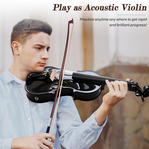 Image of Electric /Acoustic Violin with Ebony Accessories with Carrying Case, Violin Bow, Bridge, Shoulder Rest, Stickers, Tuner, Instruction, Handcraft with Maple, Spruce (Black)