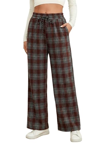 Acelitt Womens Plaid Wide Leg Pants with Pockets, Burgundy, Medium