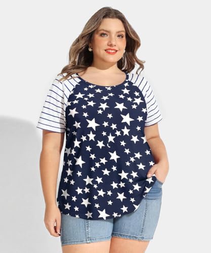 Image of CARCOS Plus Size Tops for Women Short Sleeve Raglan Striped Tee Color Block Crewneck /V Neck Tunic Loose Fit Summer XL-5XL